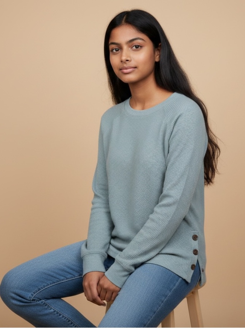 Böhme Essentials Green Ribbed waffle knit, Sweater Women’s XS Side Button Detail